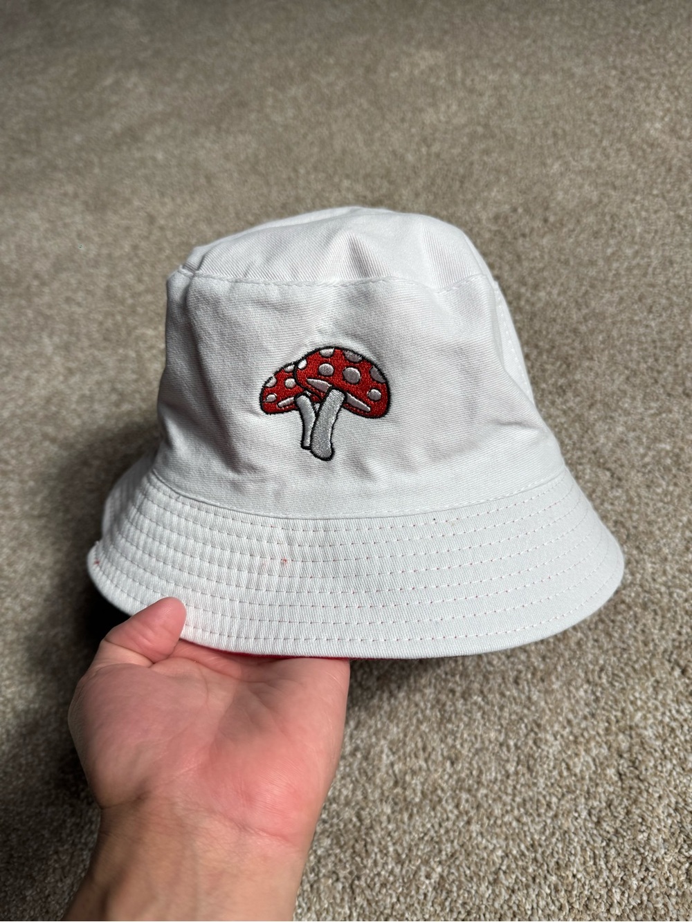 White Mushroom Embroidered Bucket Hat